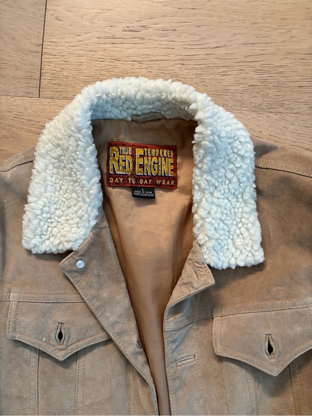 Red Engine Men’s Tan Suede Jacket with Cream Sherpa Collar